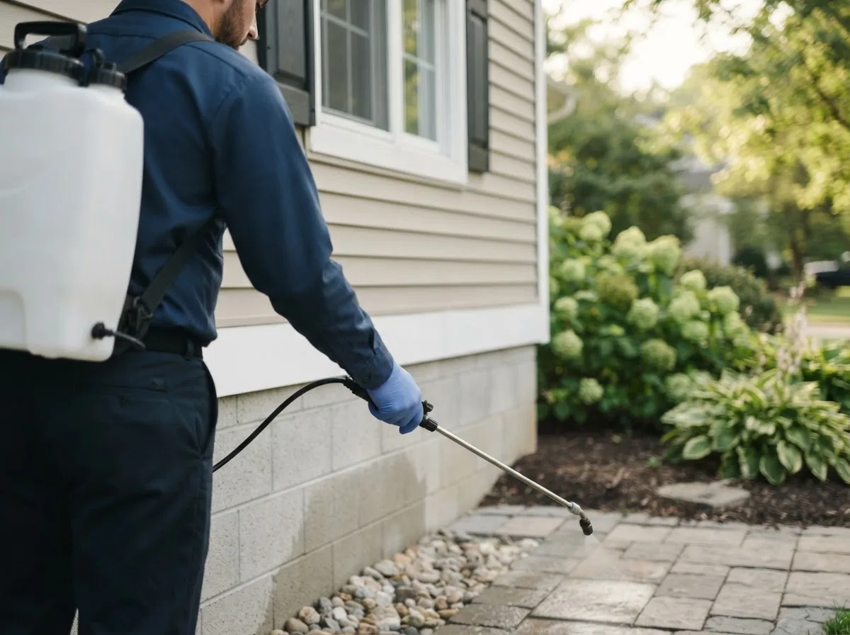 Pest control technician inspecting a home in Lockbourne, OH